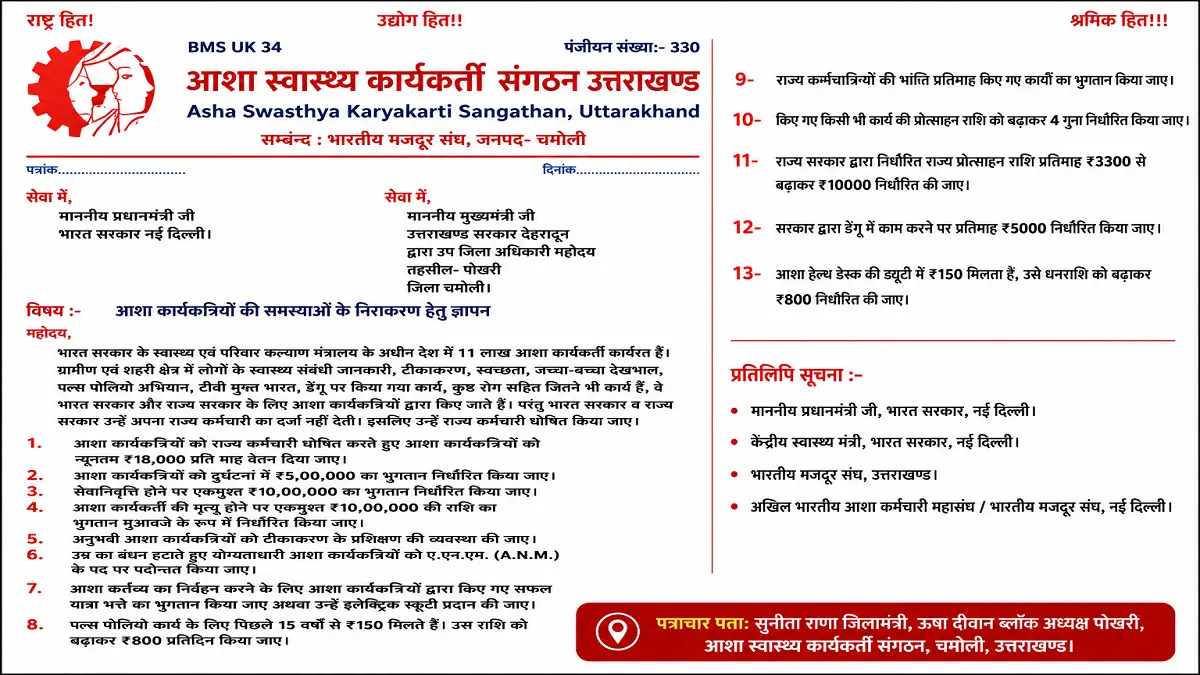 पोखरी चमोली में 13 सूत्रीय मांगों को लेकर सरकार के नाम ज्ञापन सौंपती आशा कार्यकर्ता